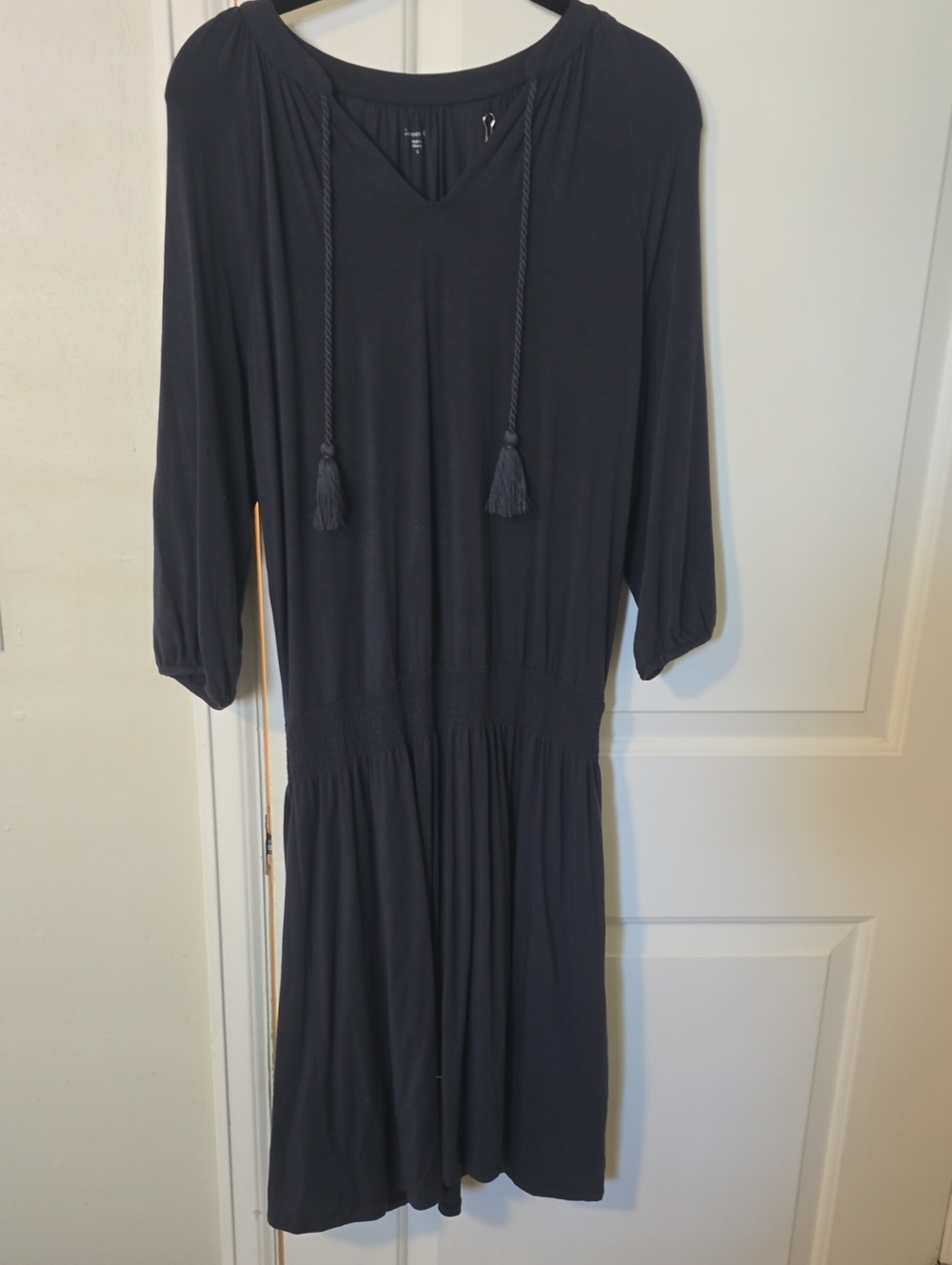 Garnet Hill Navy Tassel V-Neck Midi Dress